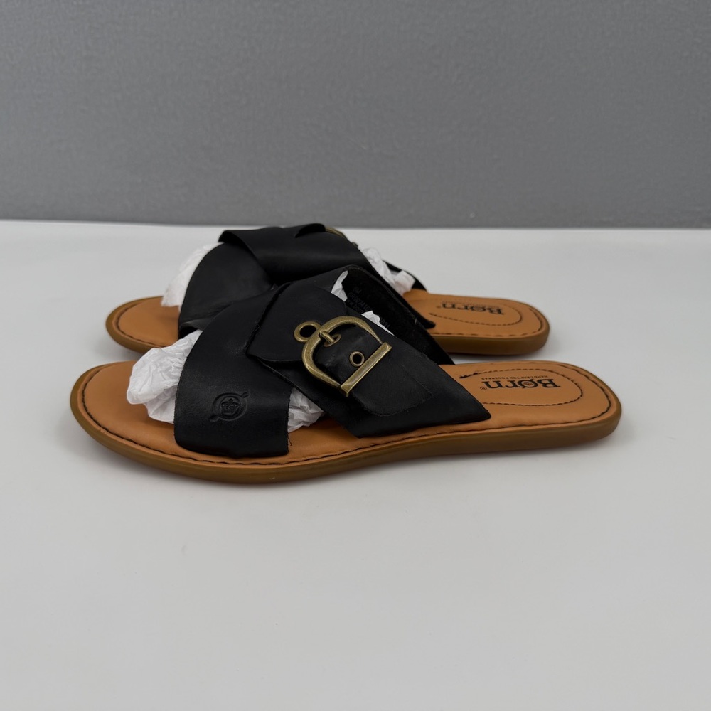 Born Black Leather Slide Sandals with Tan Footbed - Picture 3 of 15